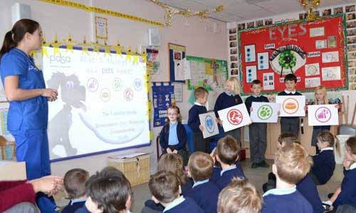 A volunteer from animal charity the PDSA gives an interactive talk to schoolchildren using props