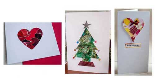 Recycle Christmas cards, other greetings cards, and wrapping paper into beautiful but simple collage cards