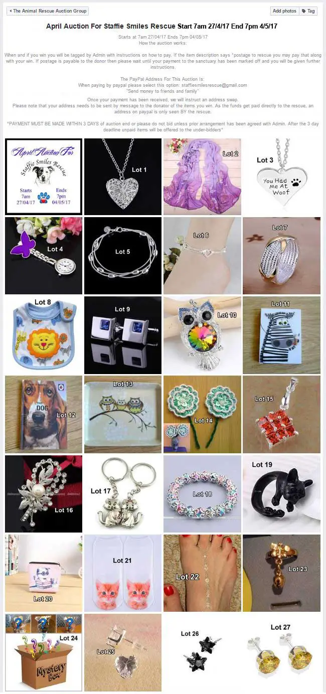 An online charity fundraising auction album on Facebook looks like this. Many more items are in it than are shown in the picture